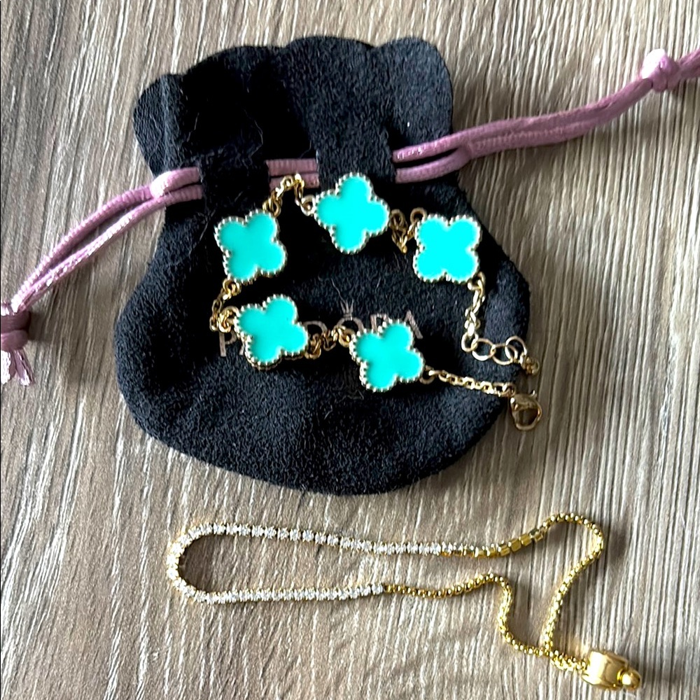 Elegant Gold and Turquoise Clover Bracelet and tennis bracelet